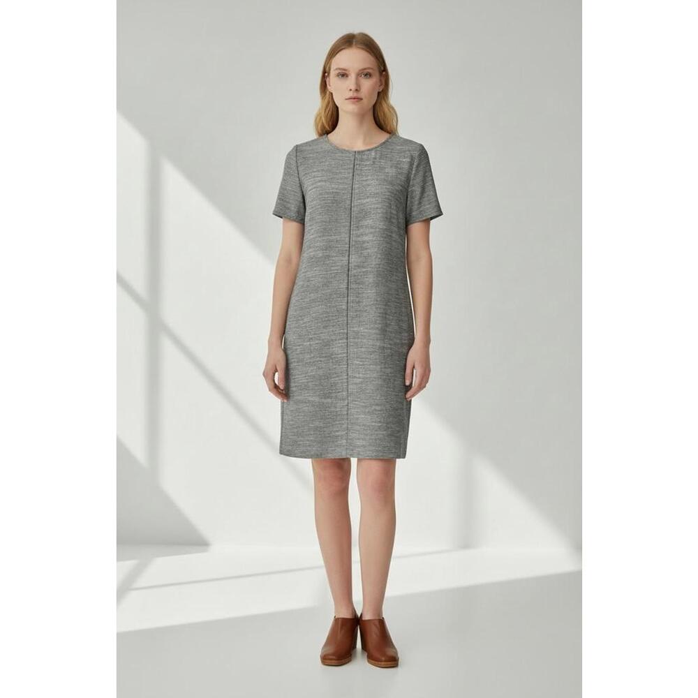 LILLA P Women’s Gray Seamed Shift Dress Linen Blend Pockets Short Sleeve Size S